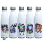 Gourde avec illustration de lion, plumes, fleurs vives