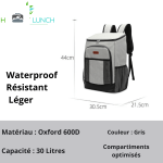 Sac à dos isotherme pratique en gris, capacité de 30 litres