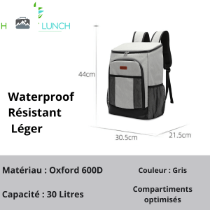 Sac à dos isotherme pratique en gris, capacité de 30 litres