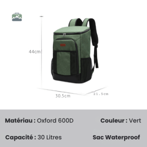 Sac à Dos Isotherme Vert 30L, idéal pour les sorties en plein air