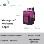 Sac à dos violet 30L, idéal pour les pique-niques et sorties en plein air