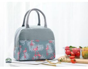 Sac repas isotherme gris, motif flamants roses