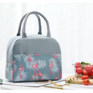 Sac repas isotherme gris, motif flamants roses