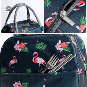 Sac repas isotherme noir, motif flamants roses