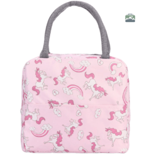 Sac isotherme repas rose avec motifs licornes colorées