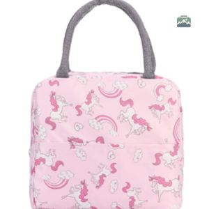 Sac isotherme repas rose avec motifs licornes colorées